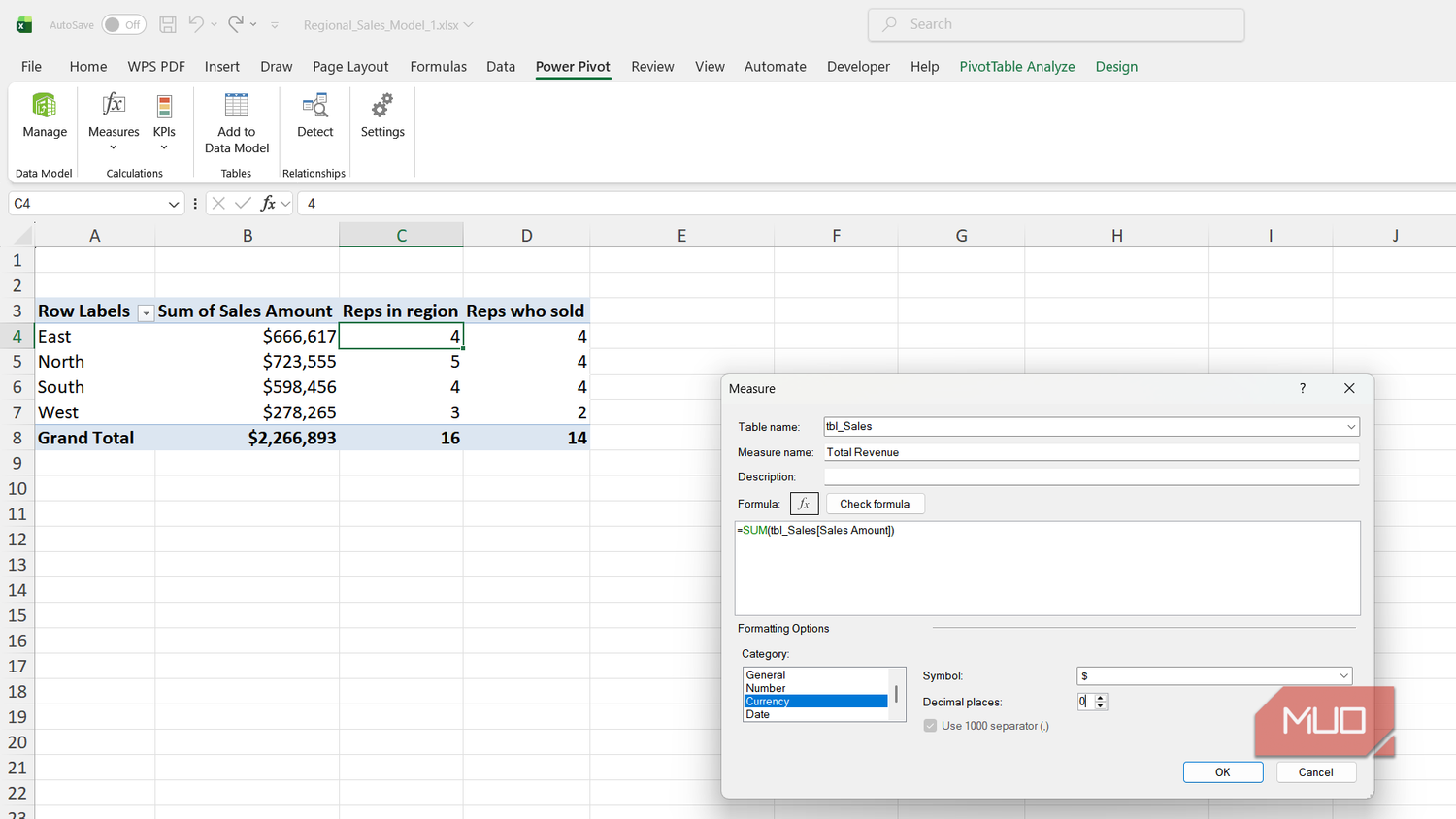 Measure dialog box for sales table in Excel.