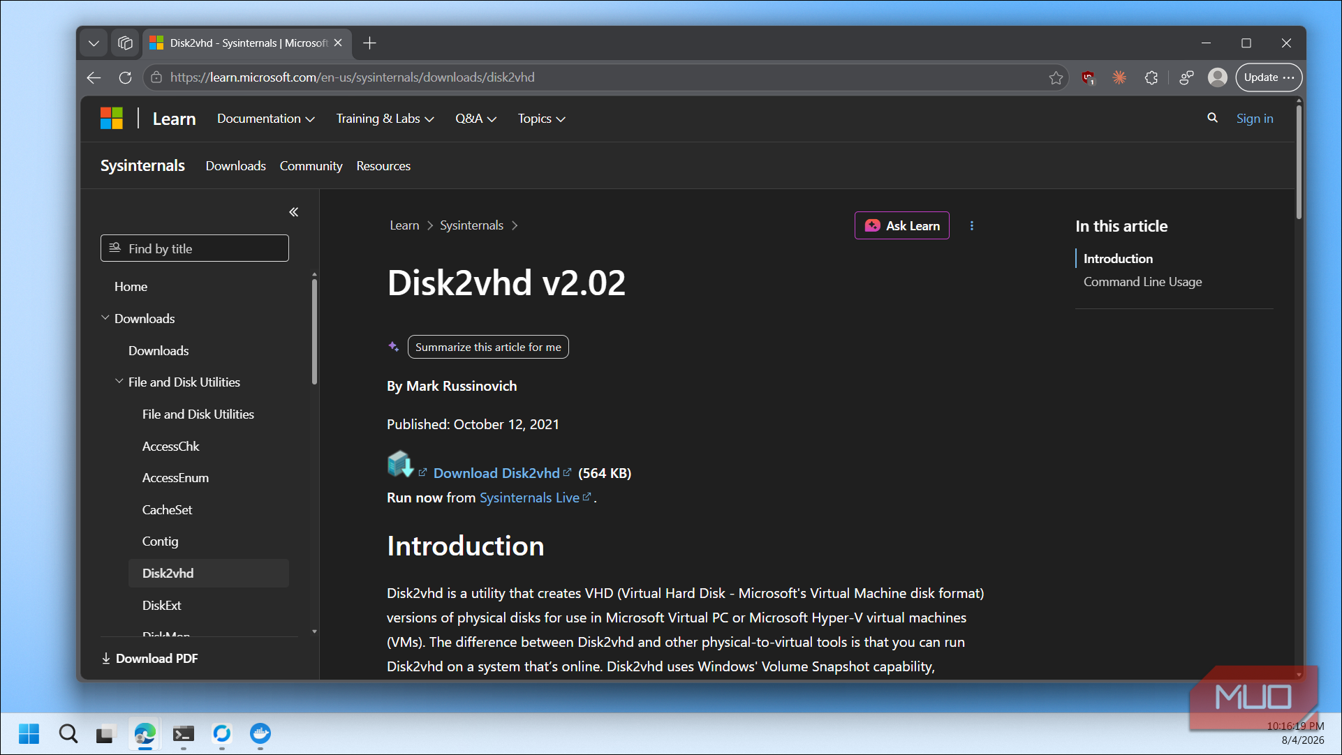 Microsoft Learn Disk2vhd v2 02 documentation page