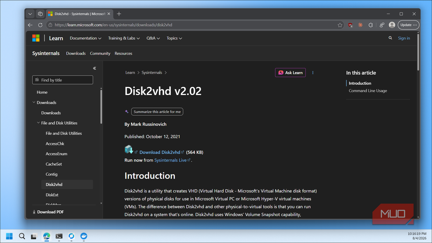 Microsoft Learn Disk2vhd v2 02 documentation page