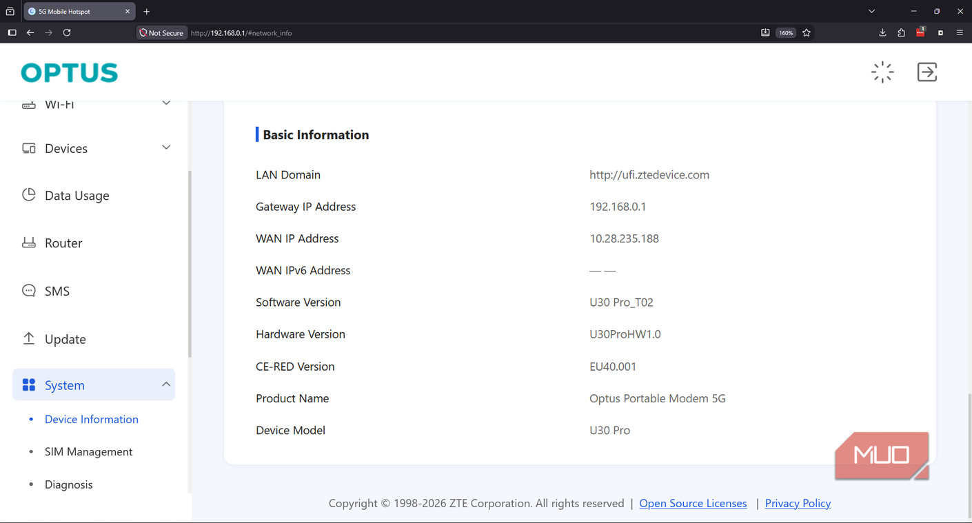 Параметры WAN-интерфейса роутера Информация о сетевом подключении WAN в интерфейсе мобильного роутера ZTE