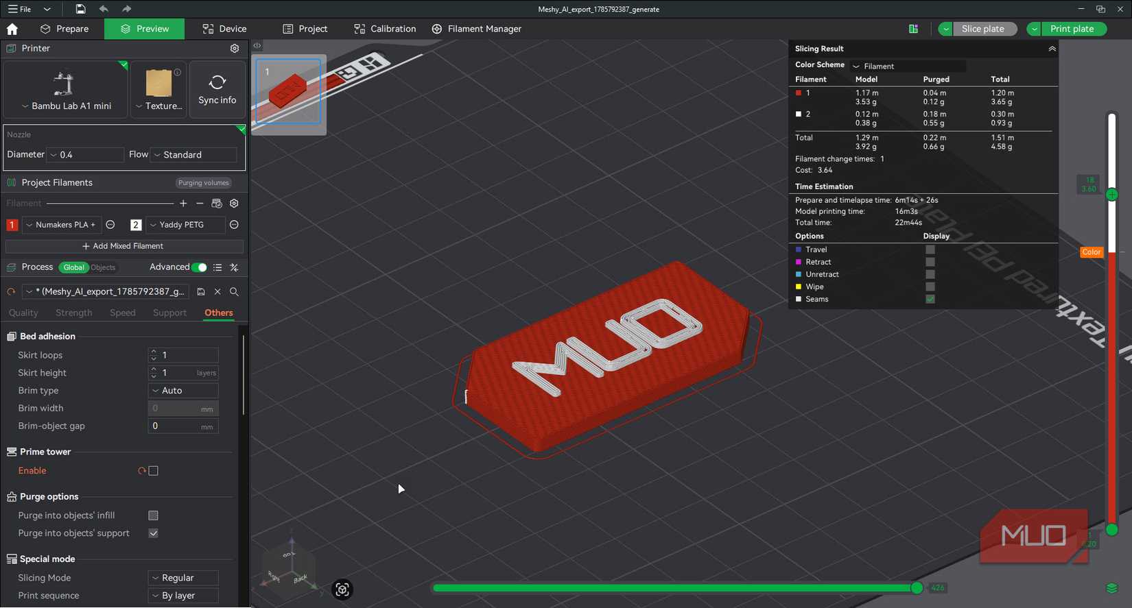MUO logo with manual filament swap.
