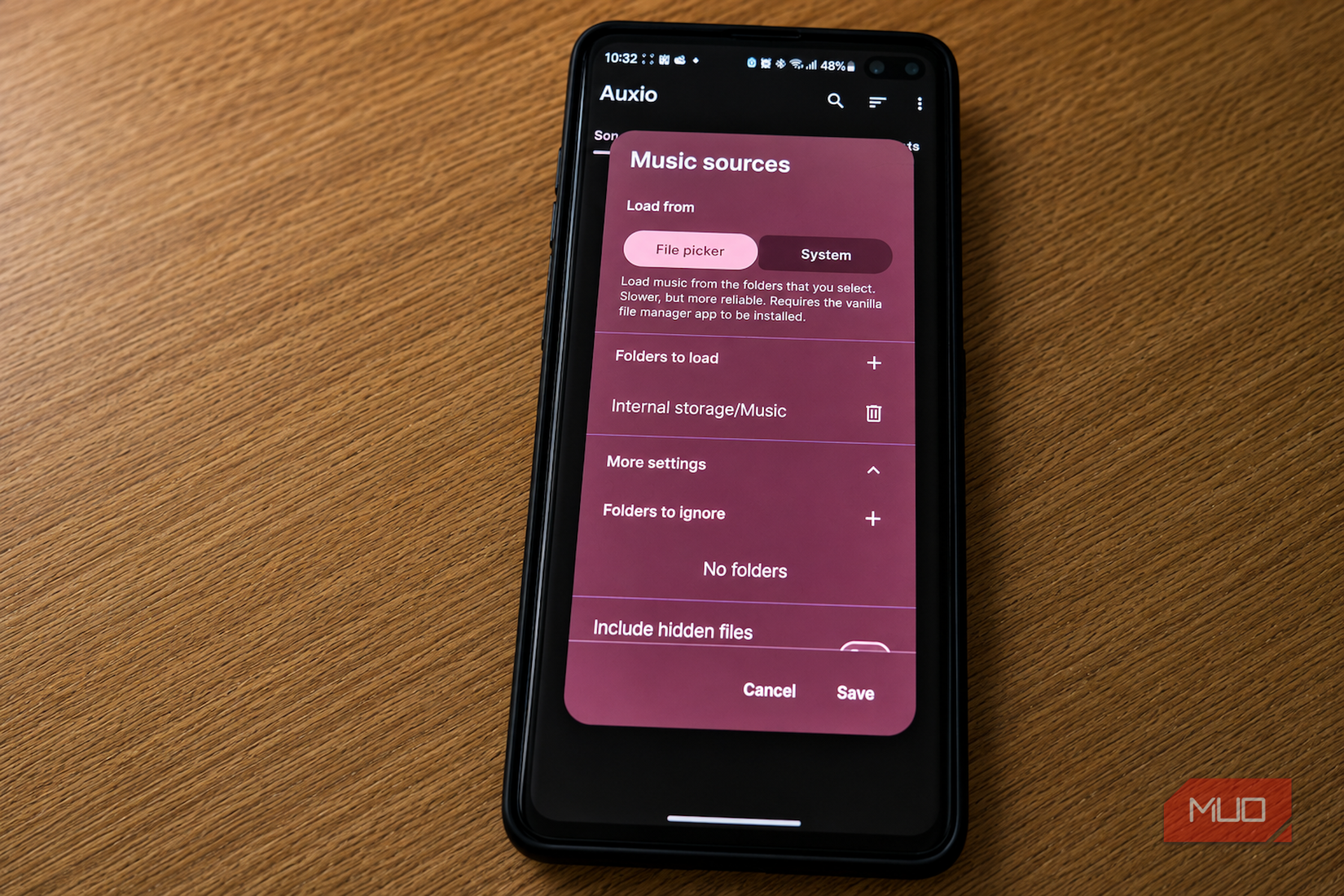 Music sources settings menu on Auxio