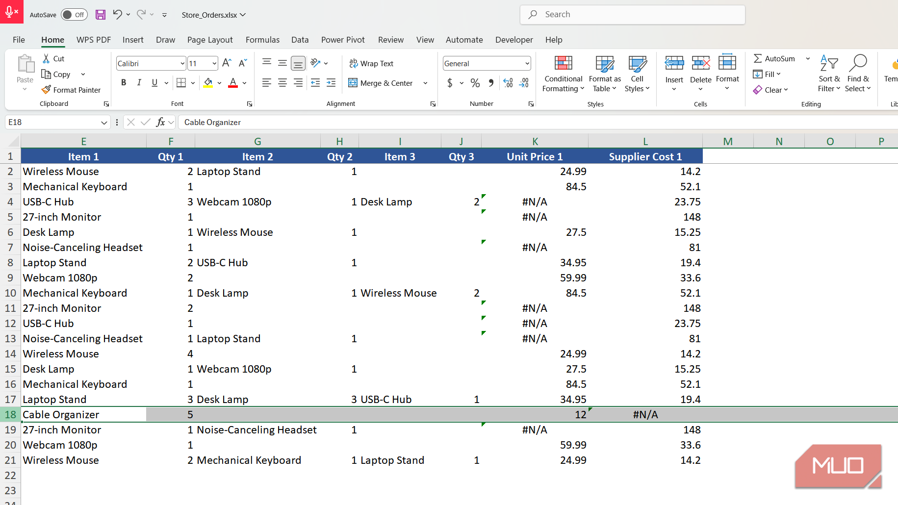 NA error in Excel for an item.