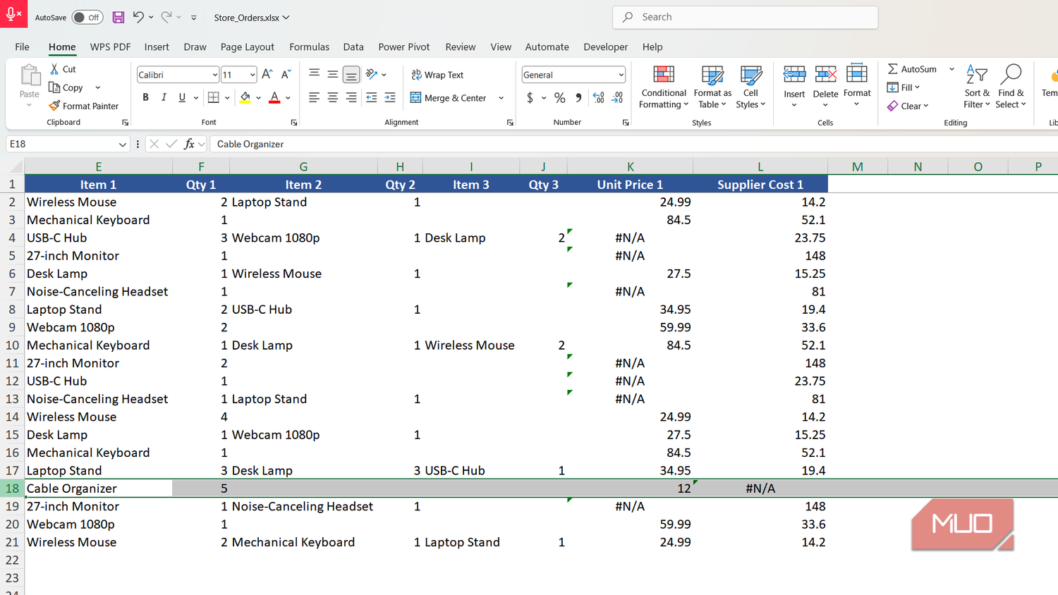 NA error in Excel for an item.
