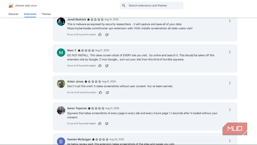 Negative Chrome web store extension reviews
