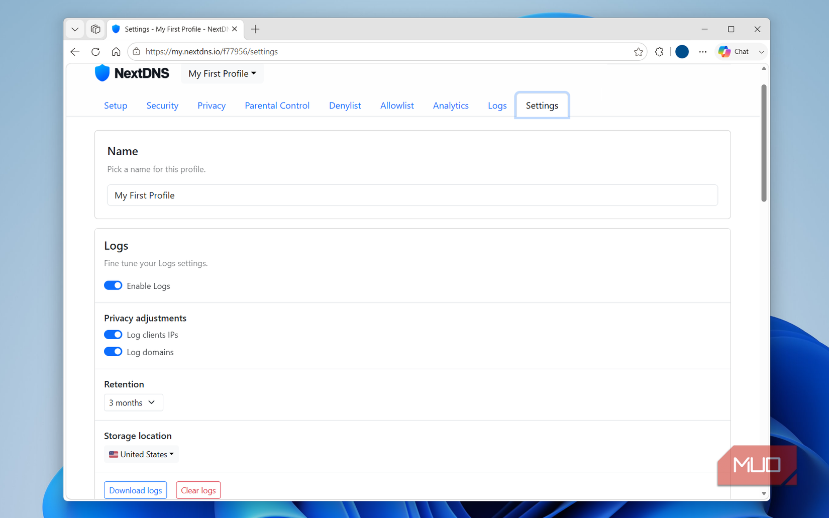 NextDNS logs settings on PC