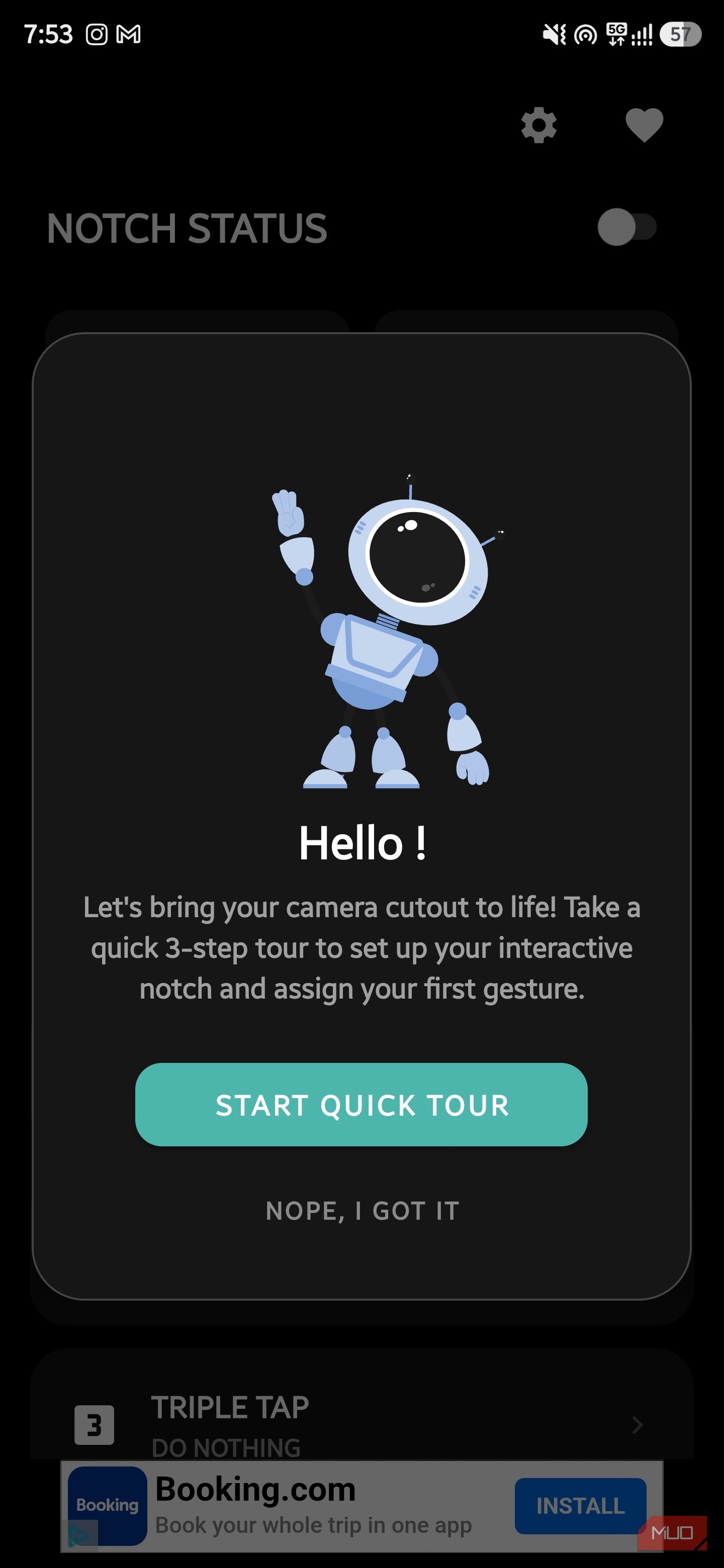 Notch Touch welcome screen featuring a robot illustration and Quick Tour button