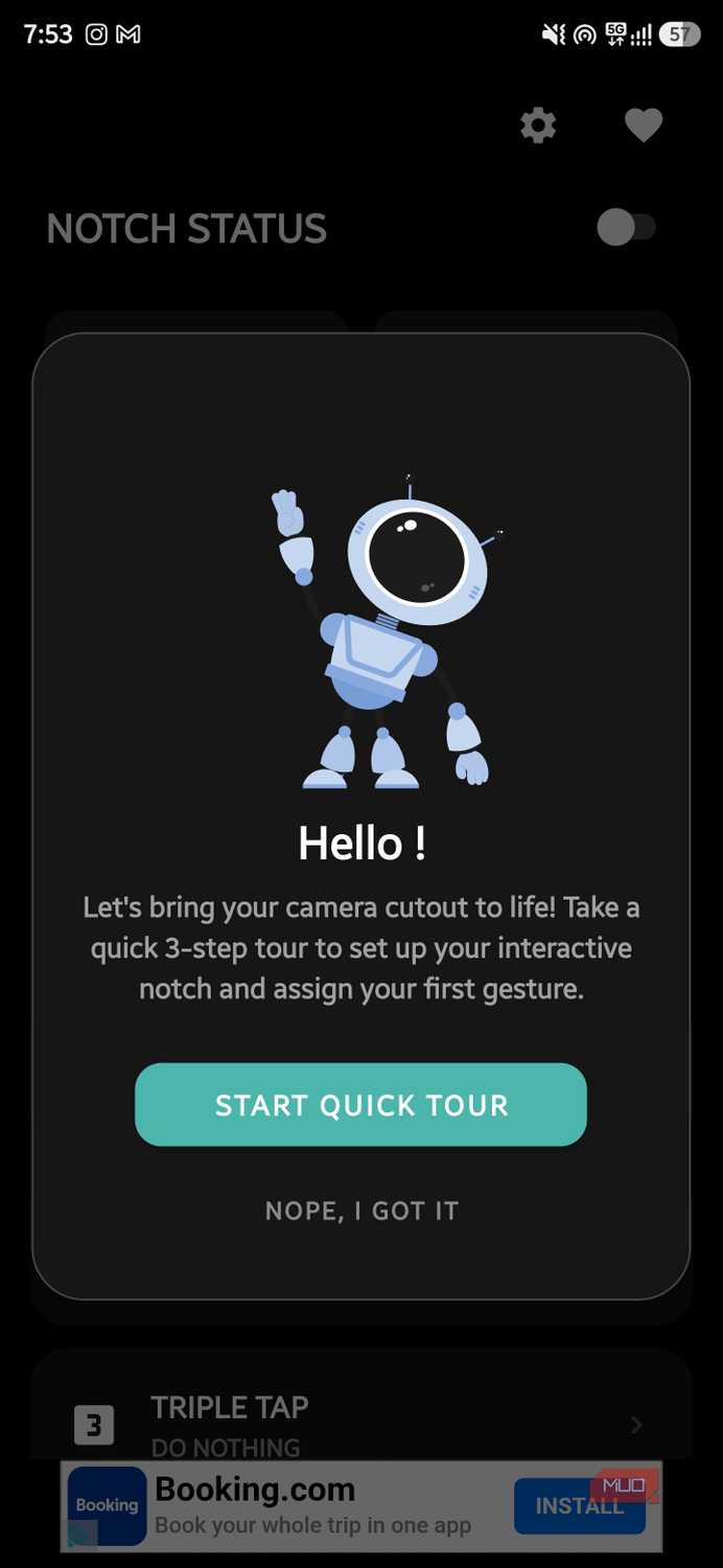 Notch Touch welcome screen featuring a robot illustration and Quick Tour button