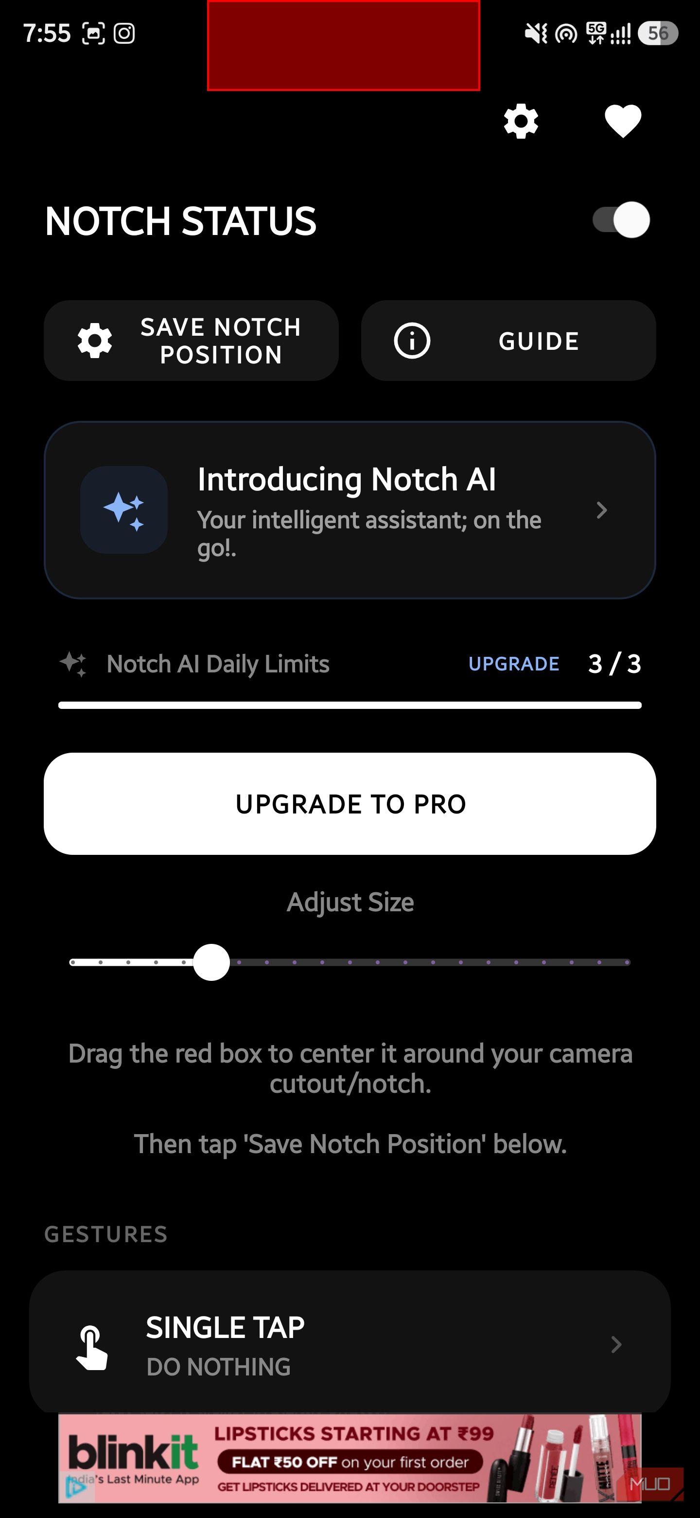 Notch calibration screen with slider to adjust touch area size