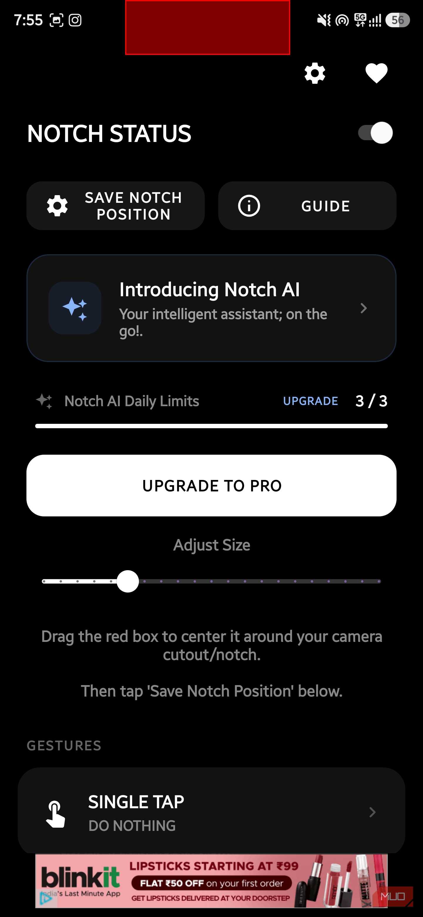 Notch calibration screen with slider to adjust touch area size