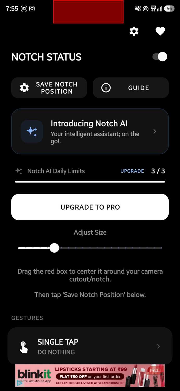 Notch calibration screen with slider to adjust touch area size