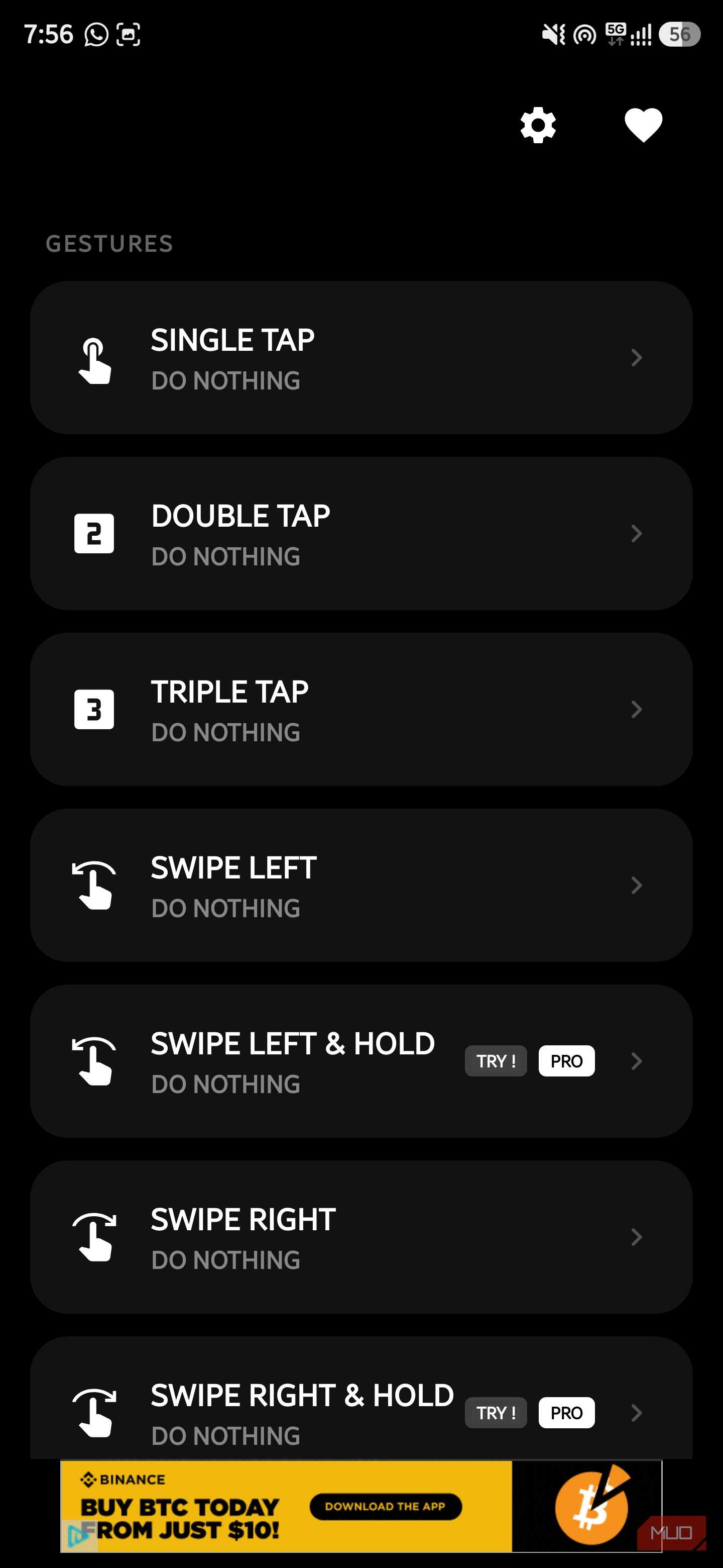 Gesture configuration menu listing tap and swipe trigger options