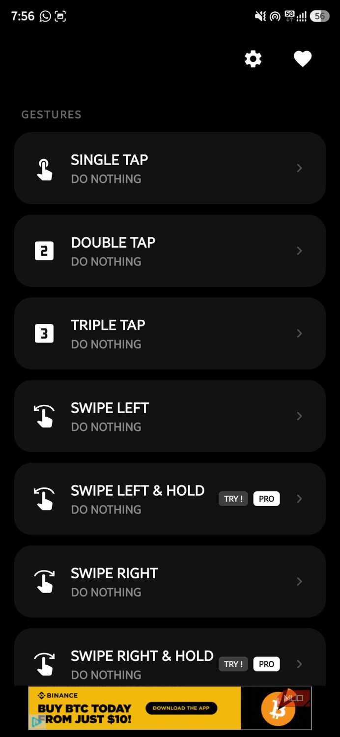 Gesture configuration menu listing tap and swipe trigger options