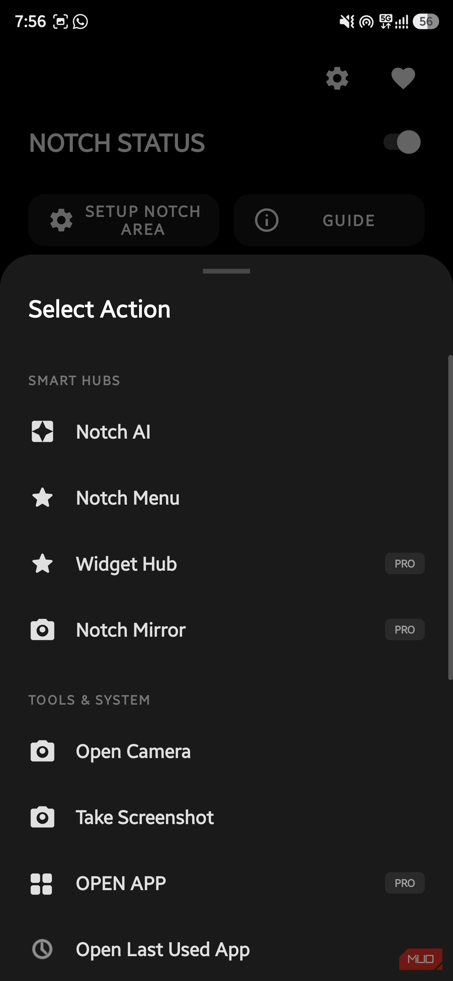 Select Action menu showing list of shortcut tools and hubs