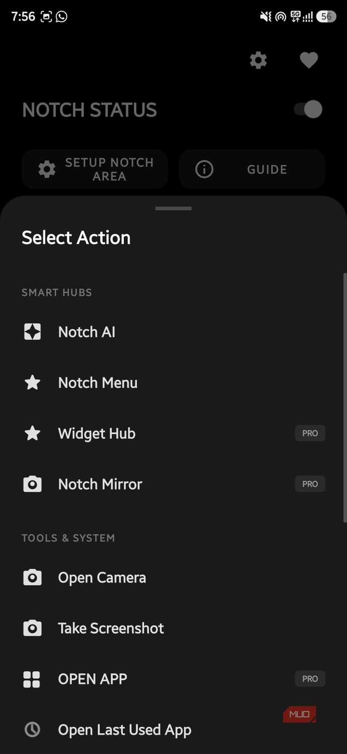 Select Action menu showing list of shortcut tools and hubs