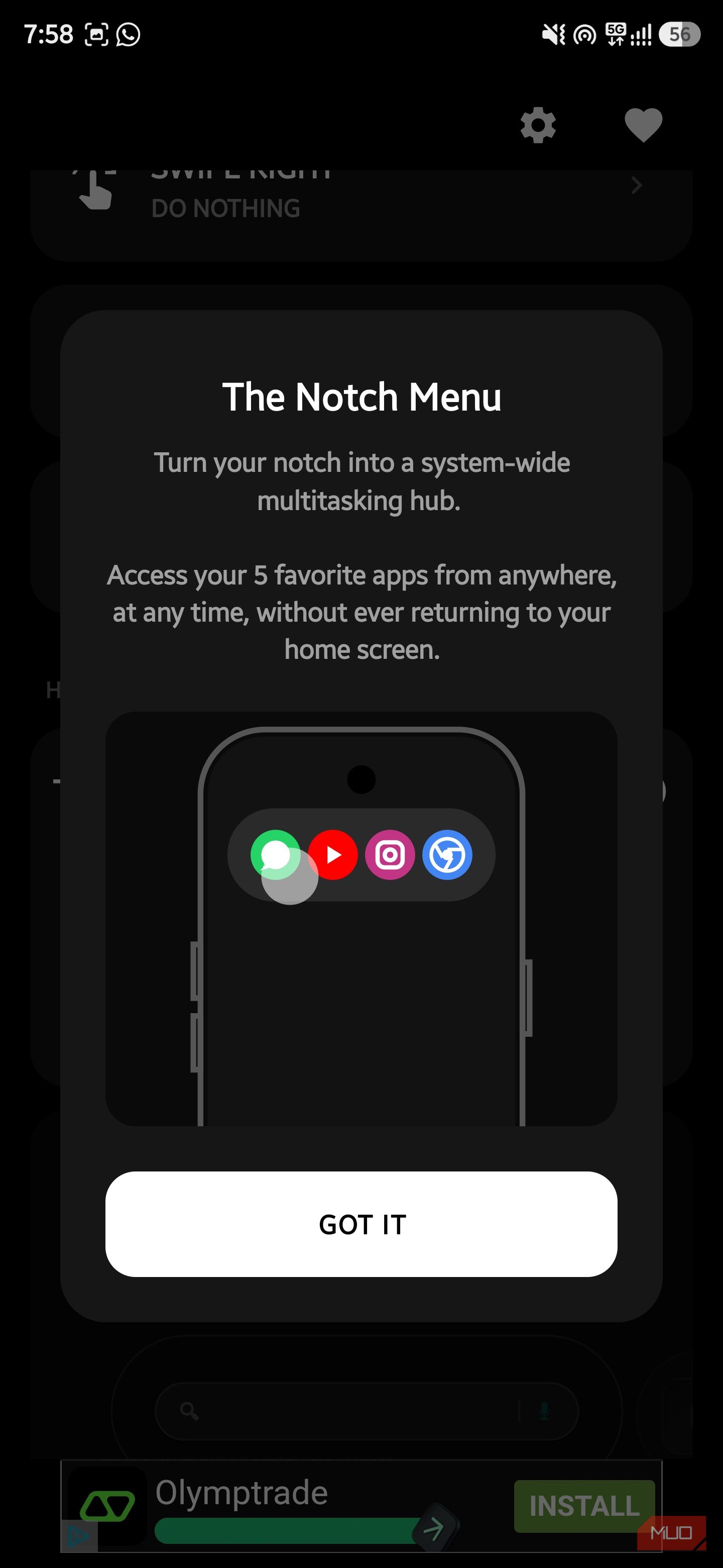 Tutorial popup explaining The Notch Menu multitasking hub