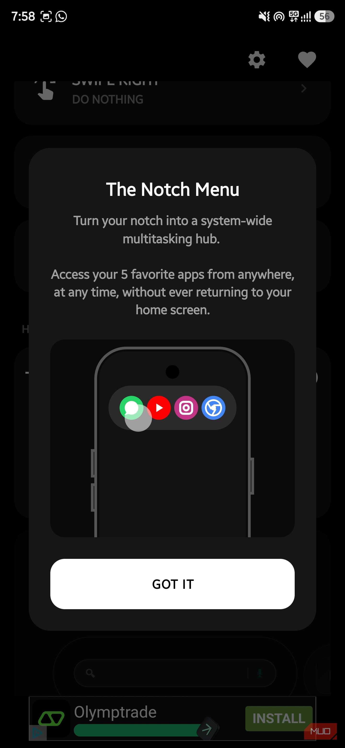 Tutorial popup explaining The Notch Menu multitasking hub