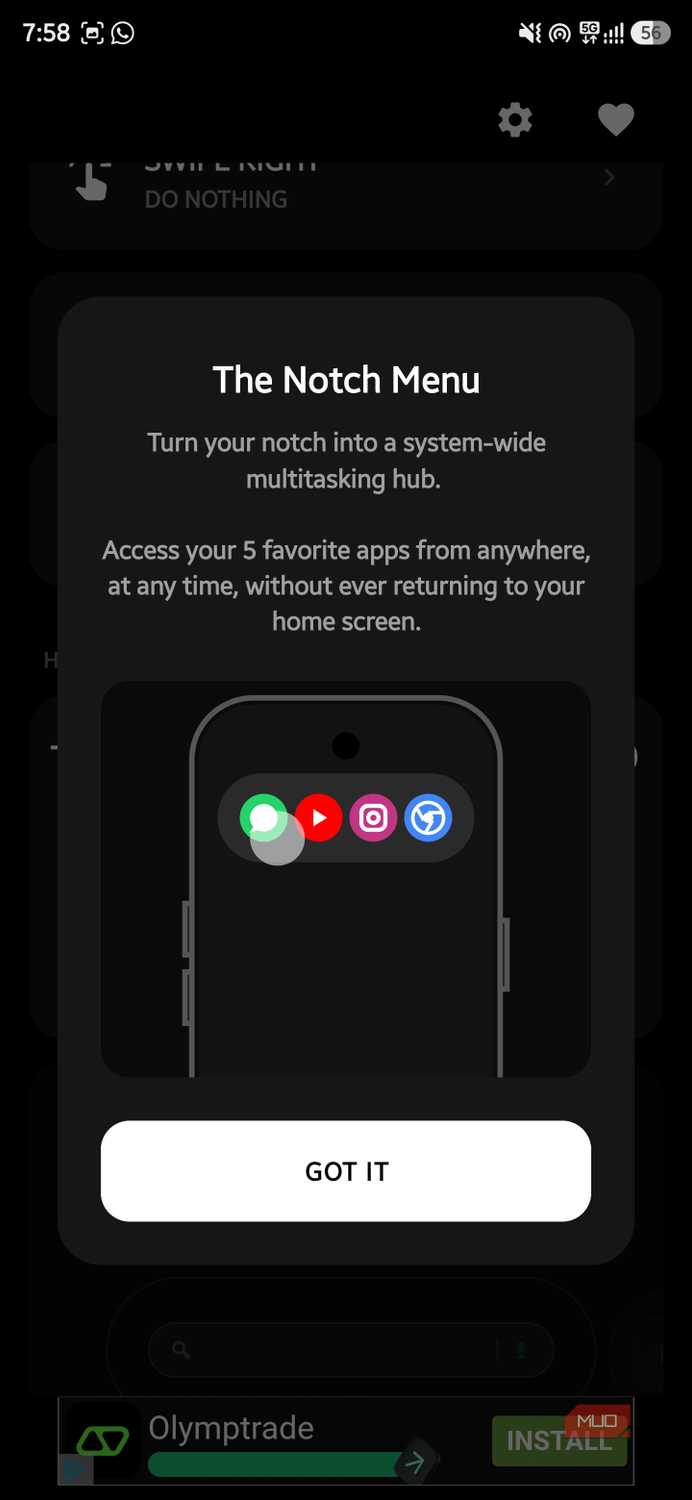 Tutorial popup explaining The Notch Menu multitasking hub