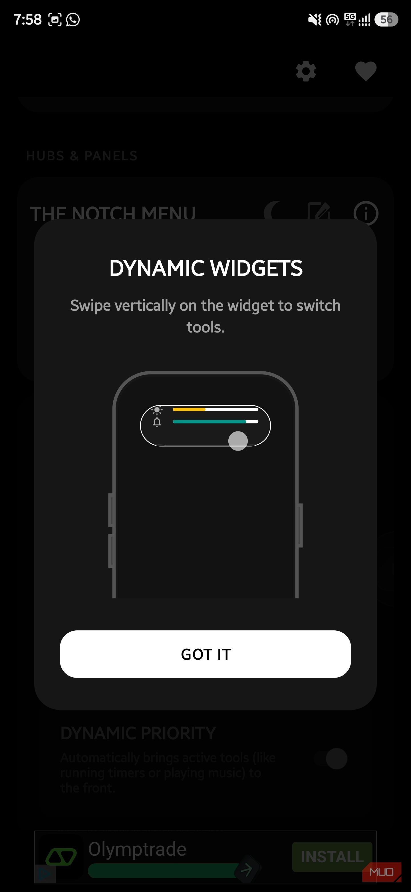 Tutorial popup showing Dynamic Widgets vertical swipe feature