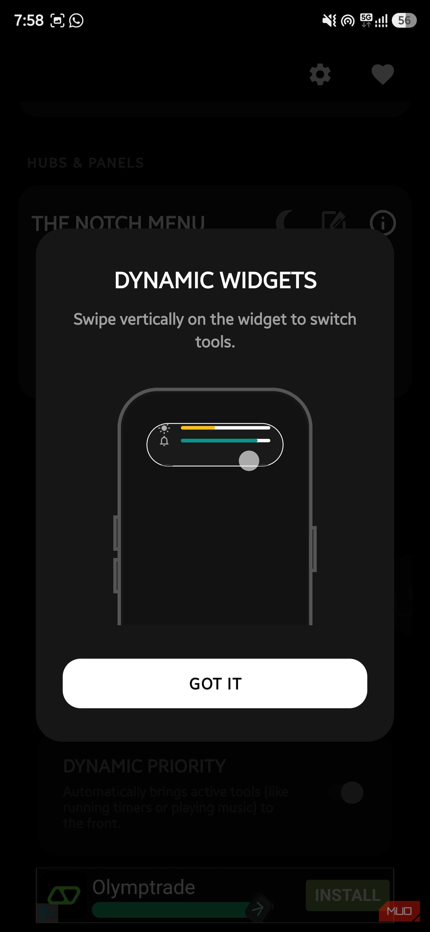 Tutorial popup showing Dynamic Widgets vertical swipe feature