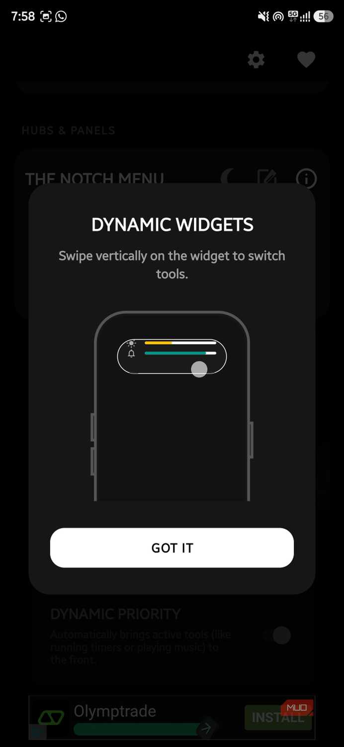 Tutorial popup showing Dynamic Widgets vertical swipe feature