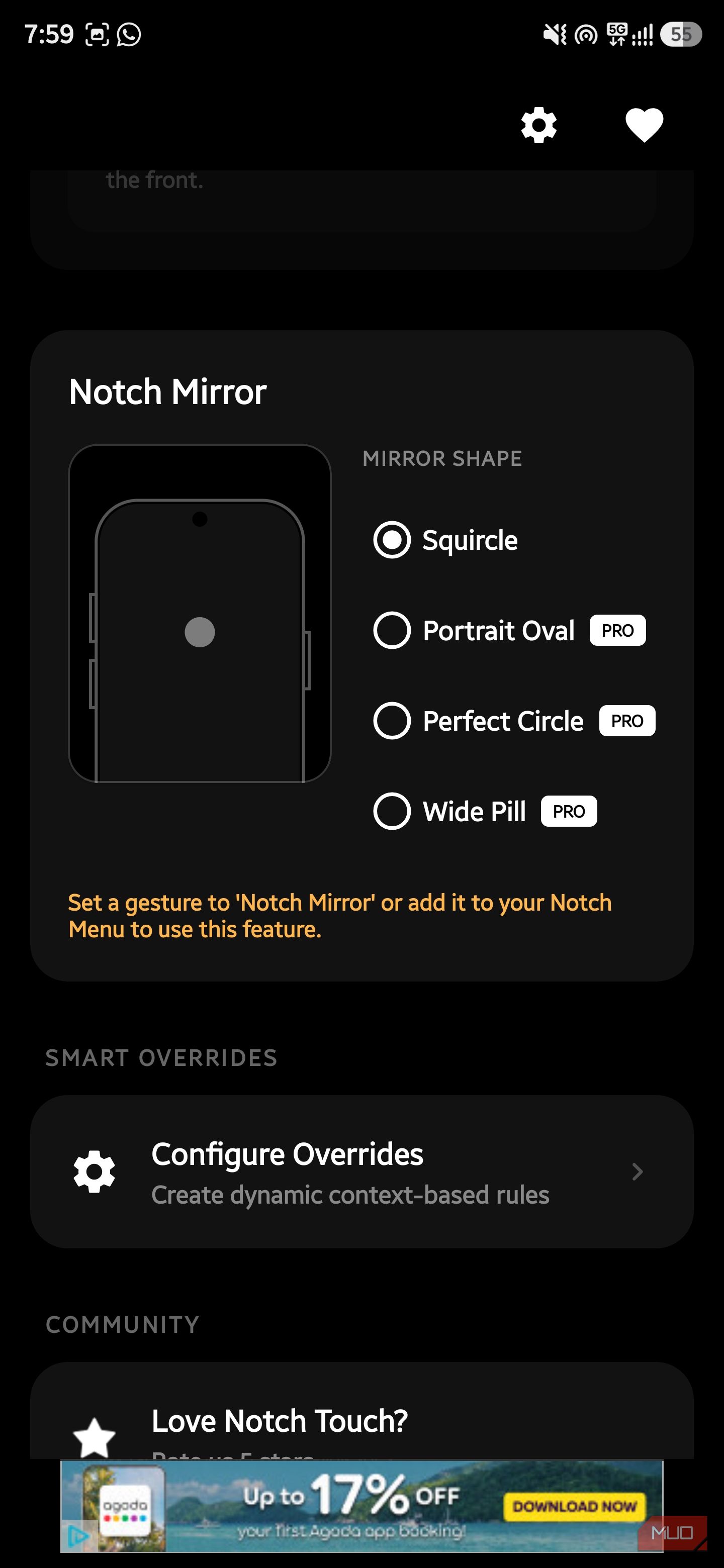 Notch Touch Mirror settings screen showing mirror shape selections
