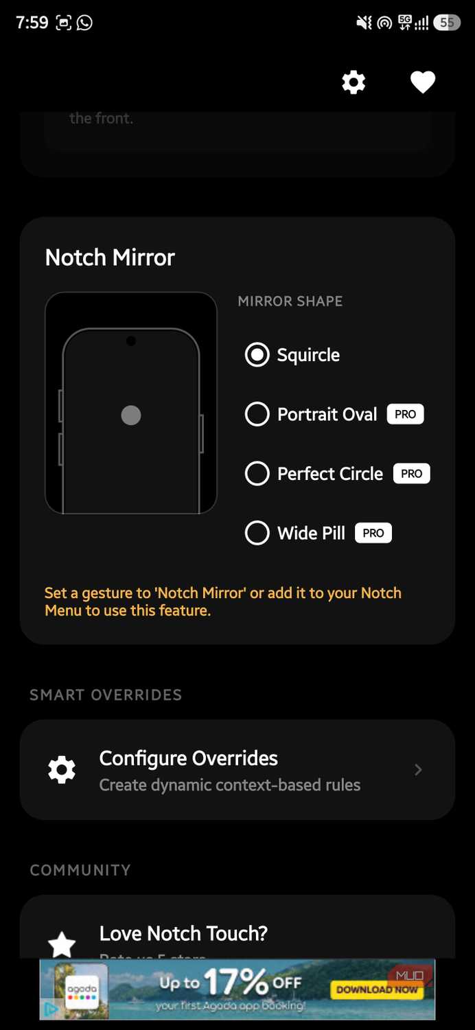 Notch Touch Mirror settings screen showing mirror shape selections