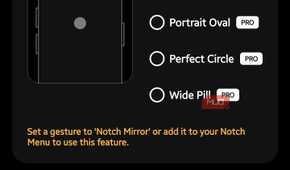 Notch Touch Mirror settings screen showing mirror shape selections