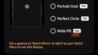 Notch Touch Mirror settings screen showing mirror shape selections