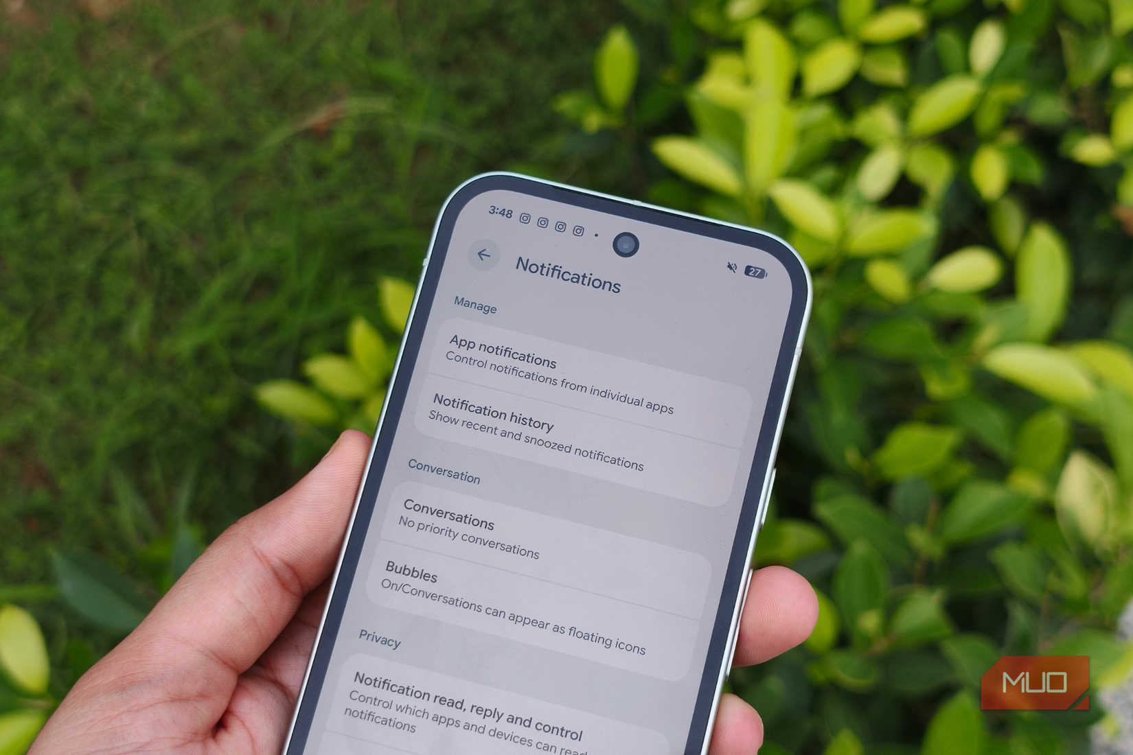 Notifications section opened in the Settings app on Google Pixel 10a