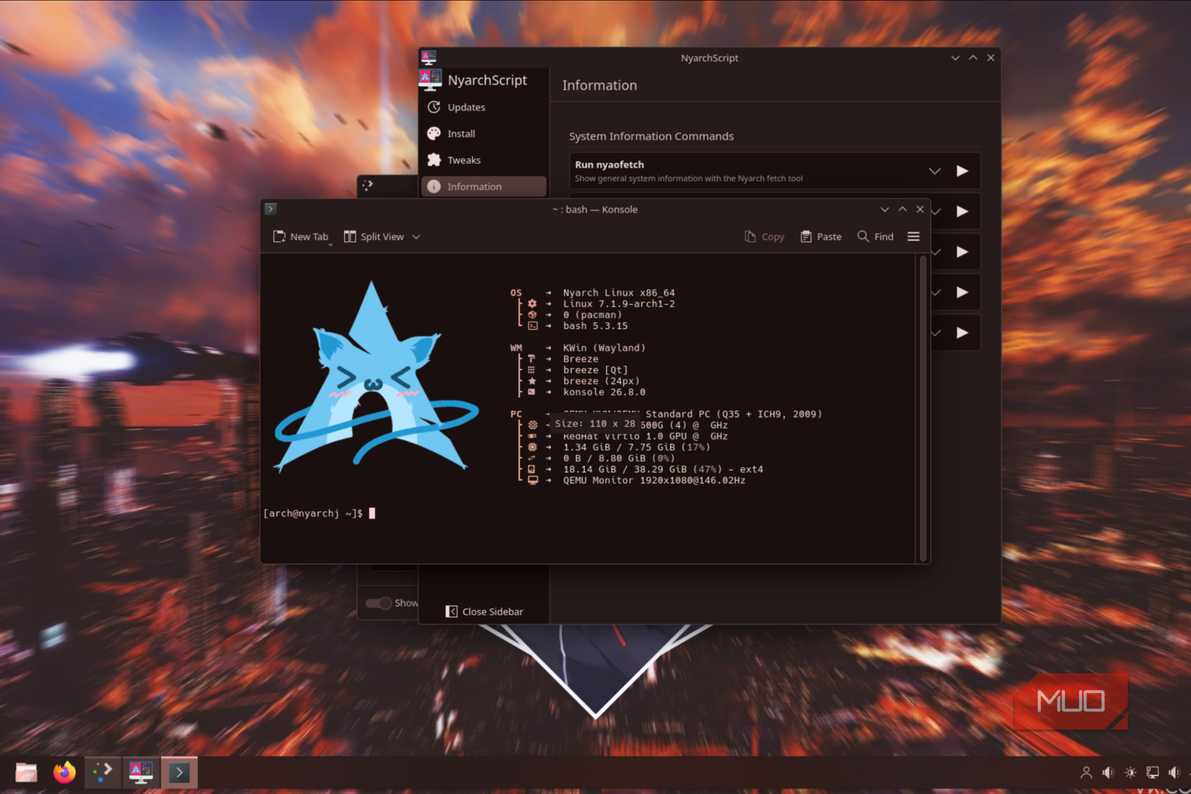 Инструмент настройки NyarchScript Окно утилиты NyarchScript для оптимизации системы