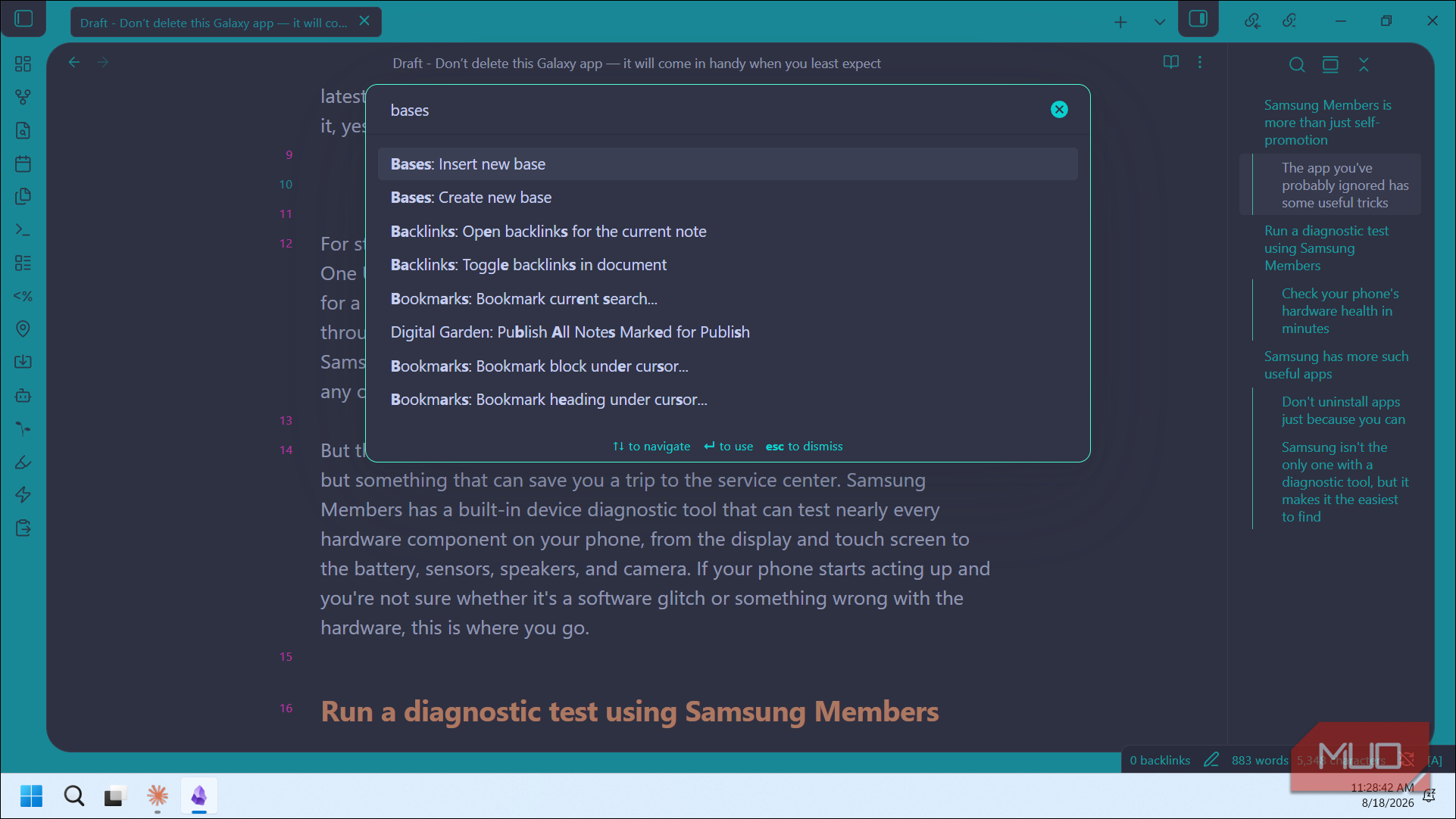 obsidian bases plugin command palette search results