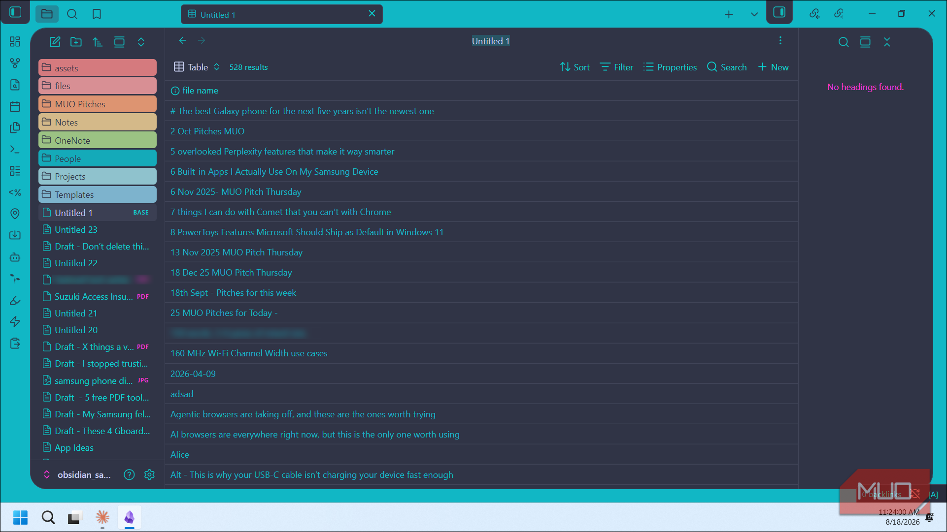 obsidian bases plugin database table with 528 results