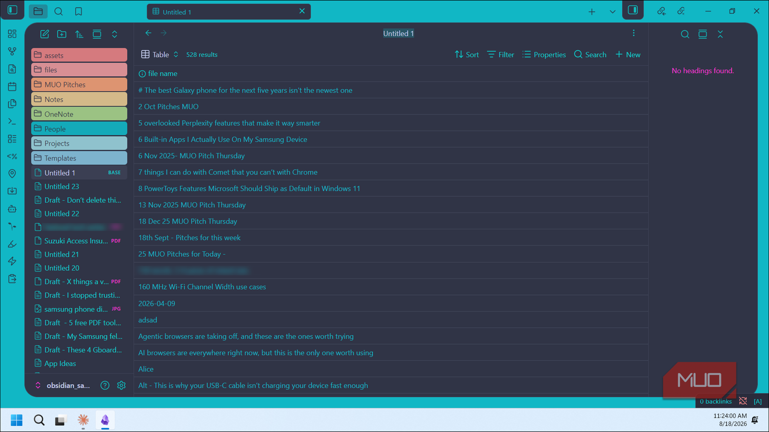 obsidian bases plugin database table with 528 results