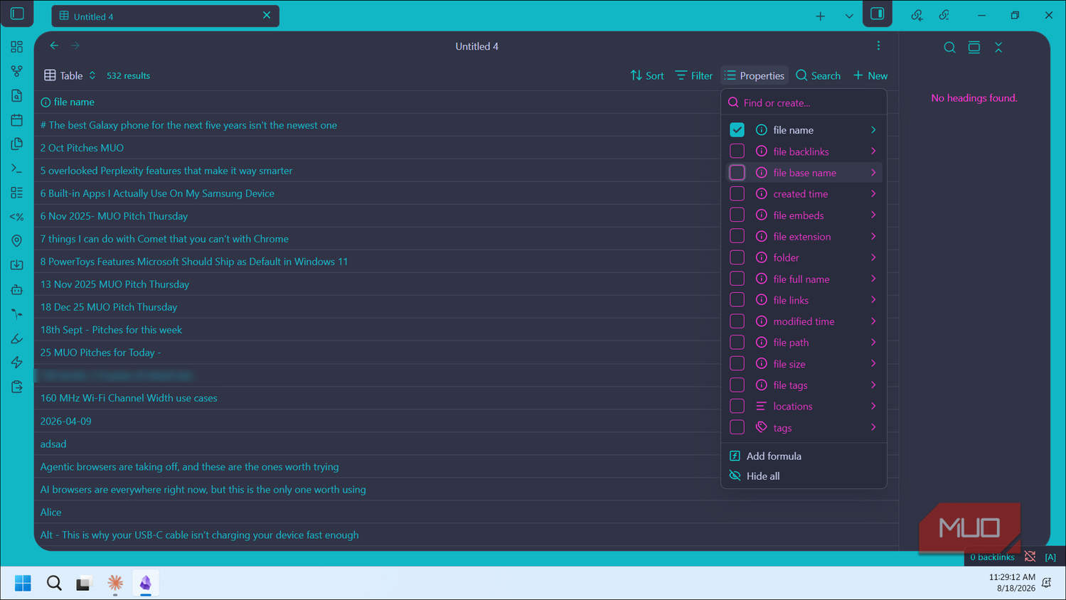 obsidian bases plugin database table with 532 file results and properties panel