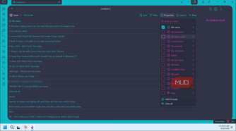 obsidian bases plugin database table with 532 file results and properties panel
