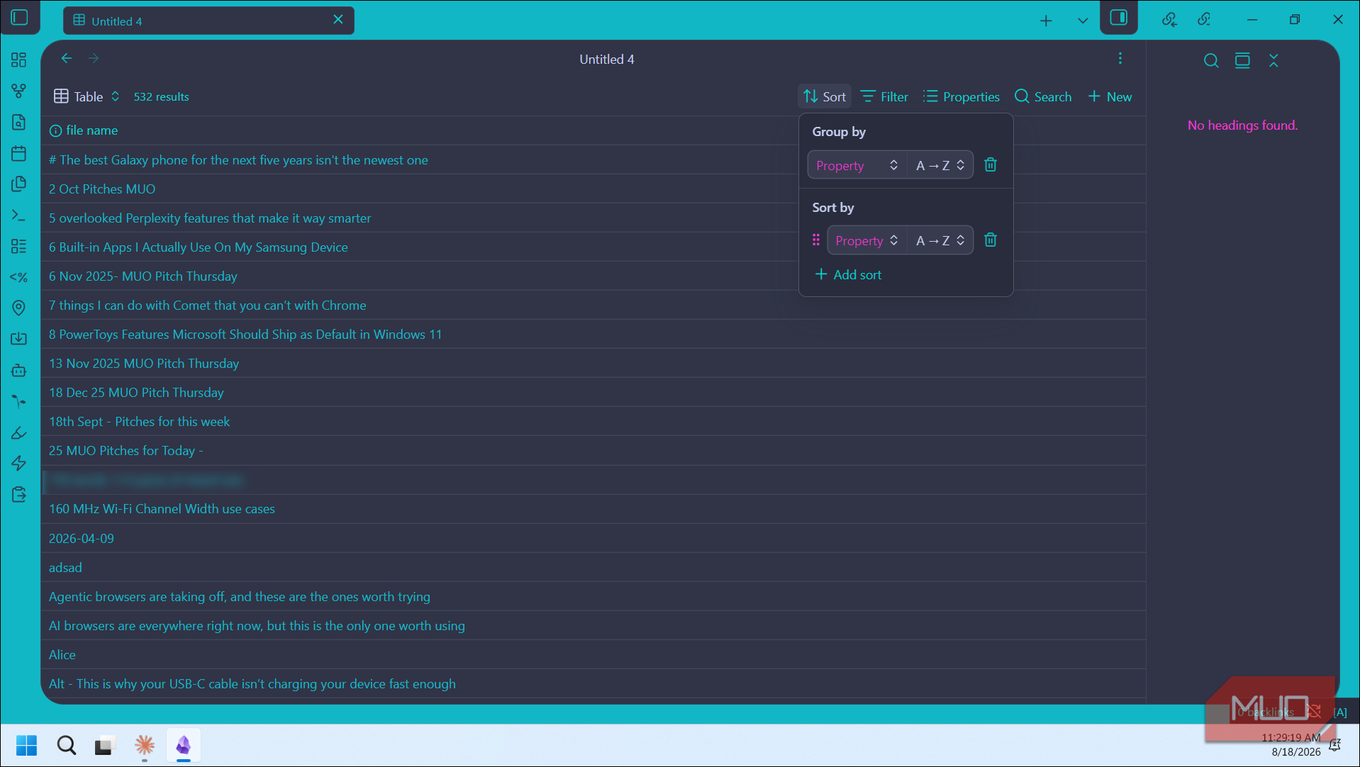 obsidian bases plugin table view with 532 results grouped and sorted by property