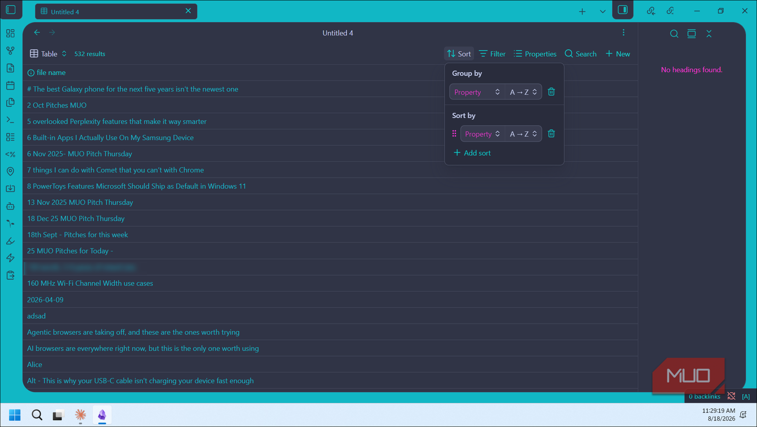 obsidian bases plugin table view with 532 results grouped and sorted by property