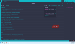 obsidian bases plugin table view with 532 results grouped and sorted by property