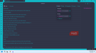 obsidian bases plugin table view with 532 results grouped and sorted by property