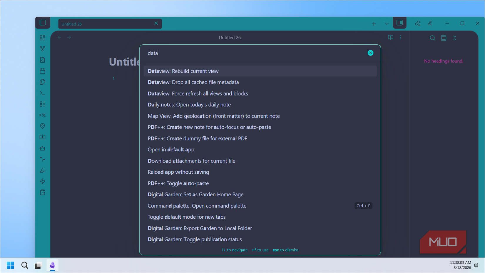 Obsidian command palette search results for dataview