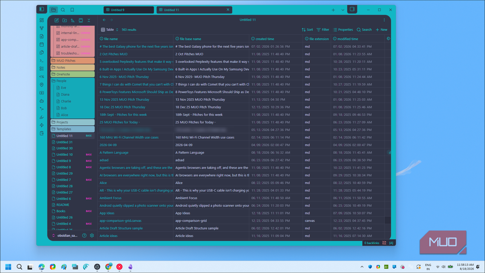 obsidian database plugin table view with 563 file results