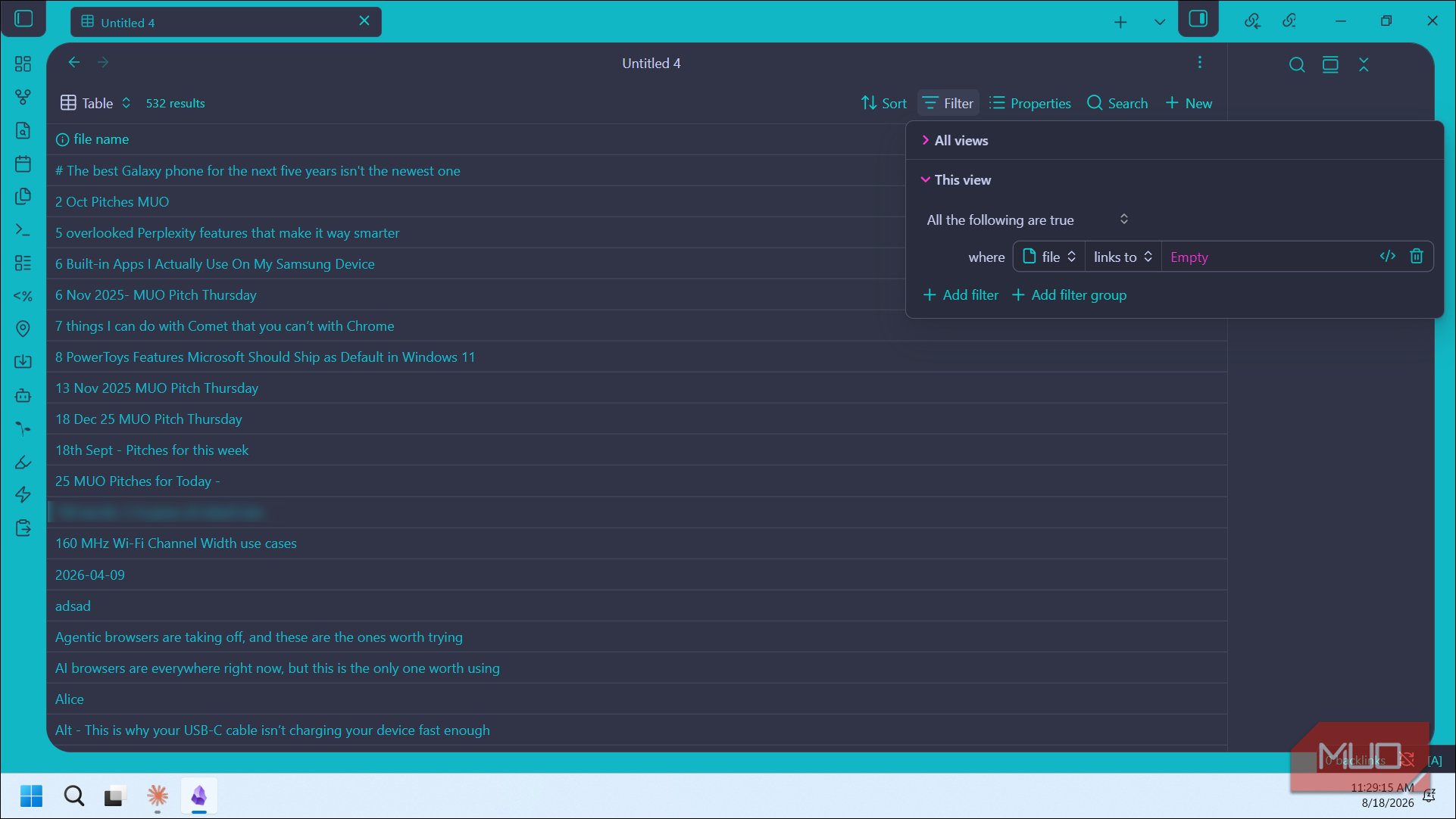 obsidian database table view with 532 file entries and filter panel