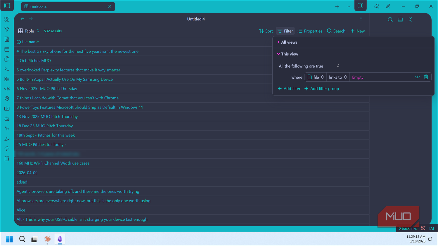 obsidian database table view with 532 file entries and filter panel