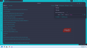 obsidian database table view with 532 file entries and filter panel