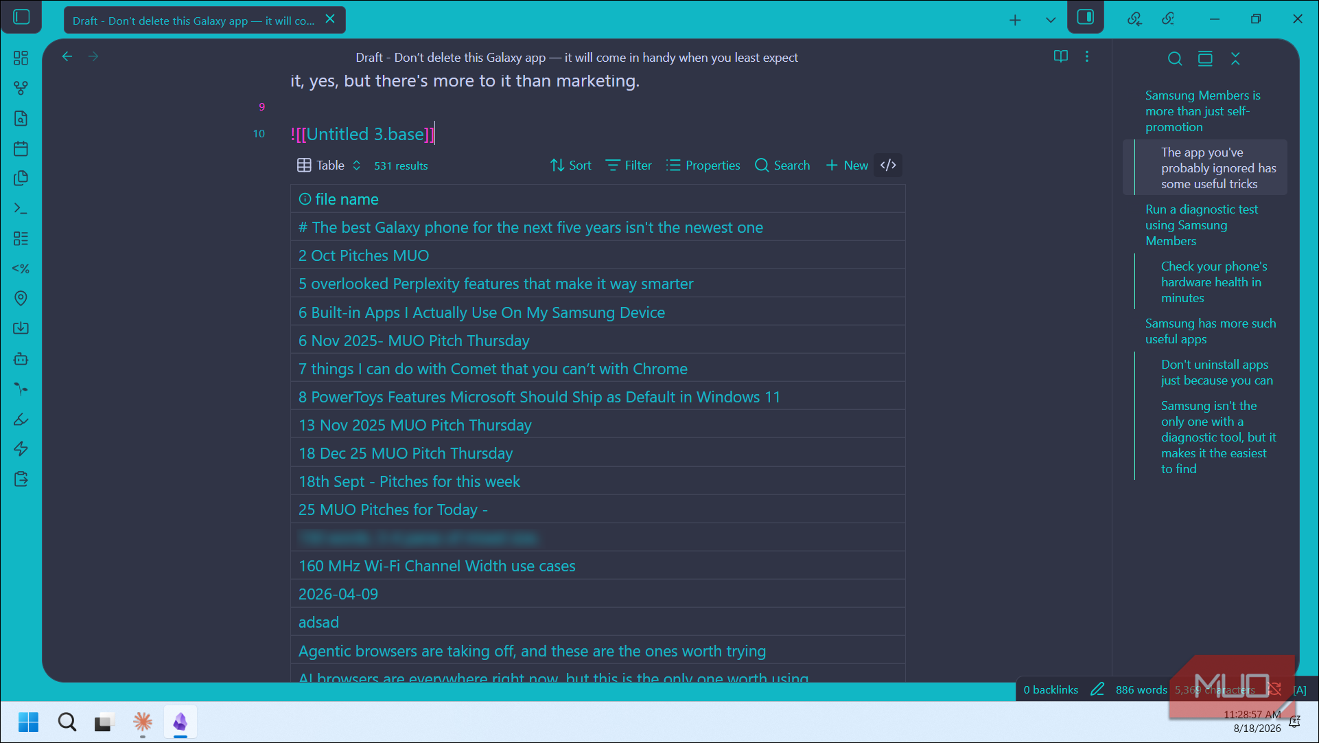 obsidian database table view with galaxy phone article drafts and samsung pitch notes
