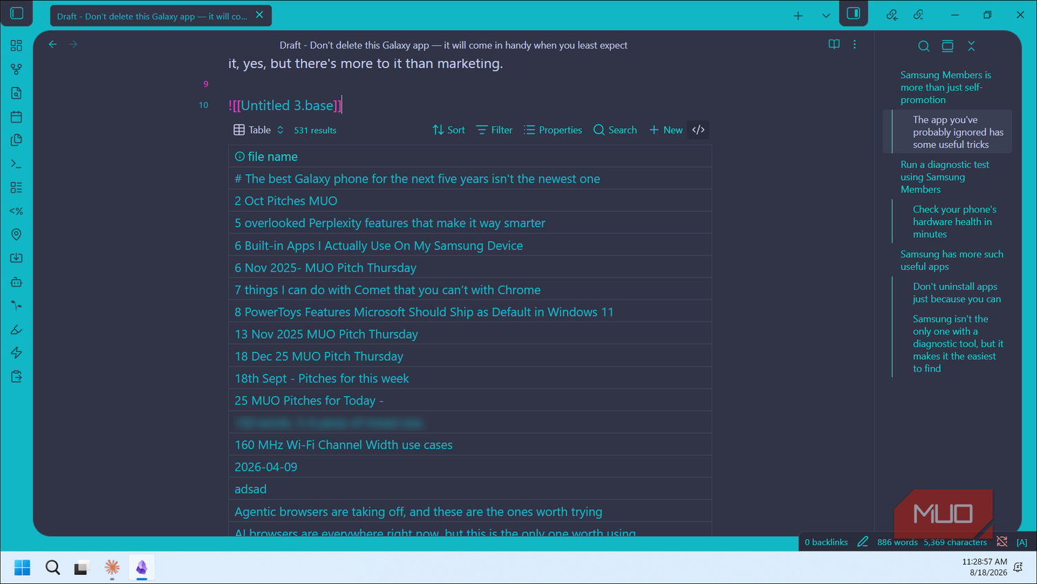 obsidian database table view with galaxy phone article drafts and samsung pitch notes