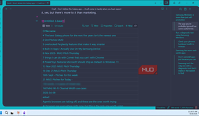 obsidian database table view with galaxy phone article drafts and samsung pitch notes