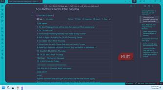obsidian database table view with galaxy phone article drafts and samsung pitch notes