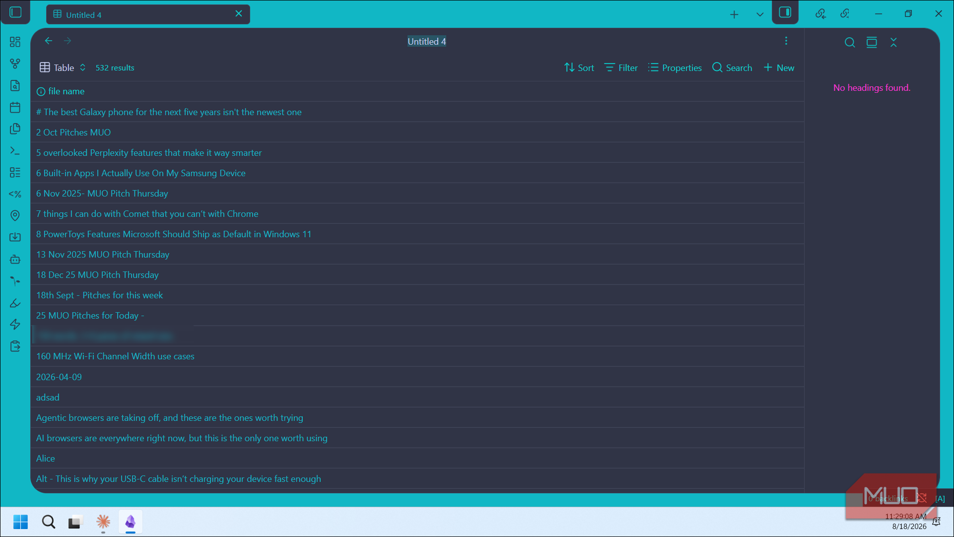 obsidian database table with 532 article results and file listings